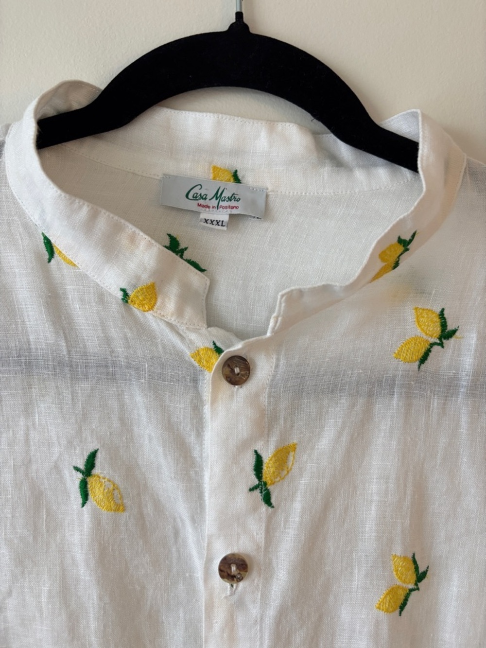 White Linen Button-Up Blouse with Yellow Lemon Embroidery